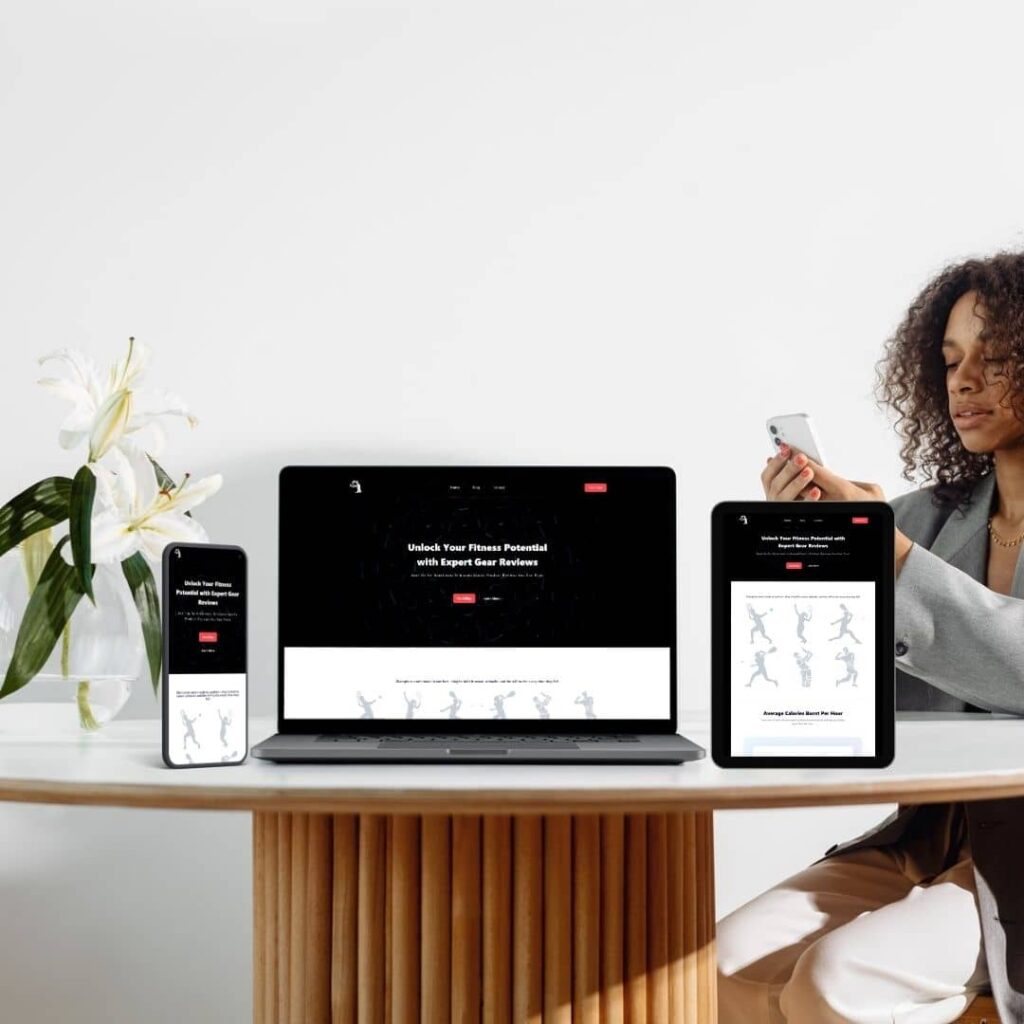 Work example for GetFitWithSports project - different screen mockups on table with girl in the right background and plant in the left