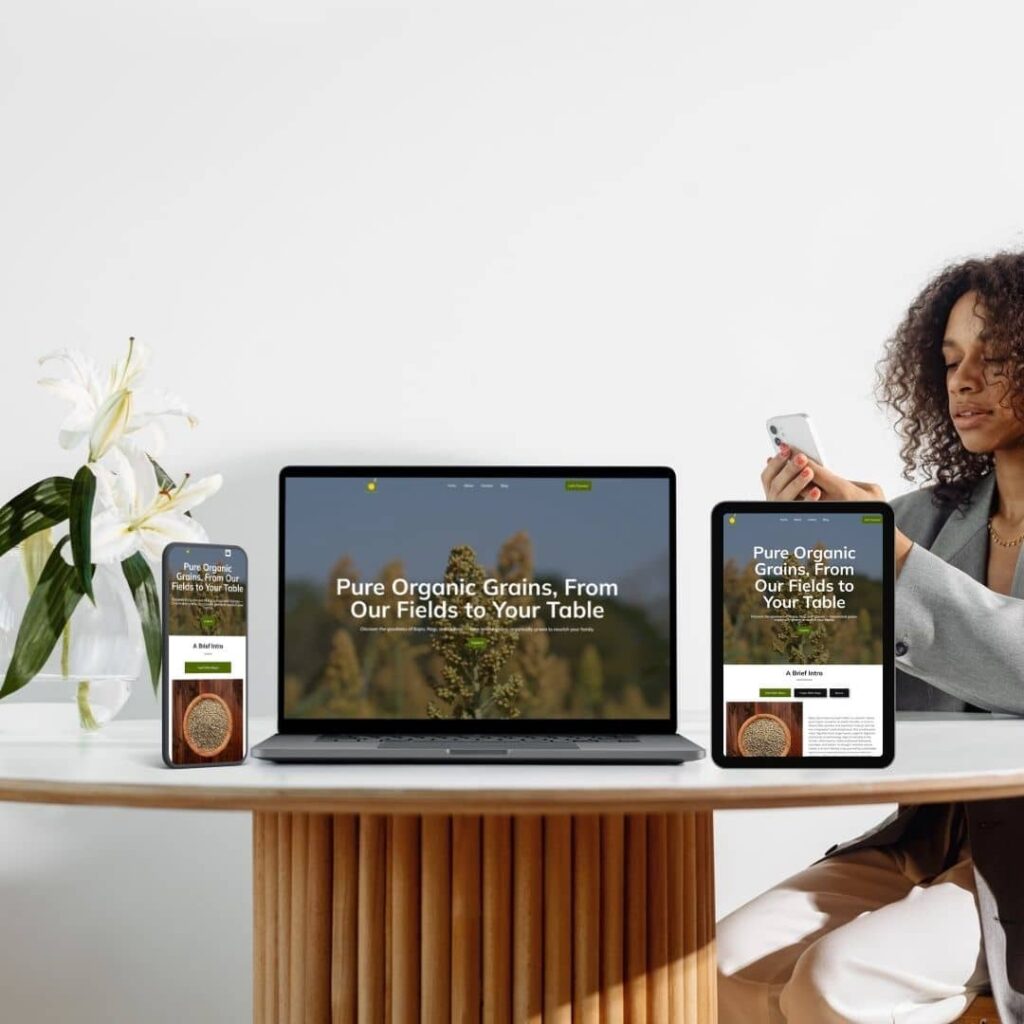 Work example for Jivanam Organics project - different screen mockups on table with girl in the right background and plant in the left